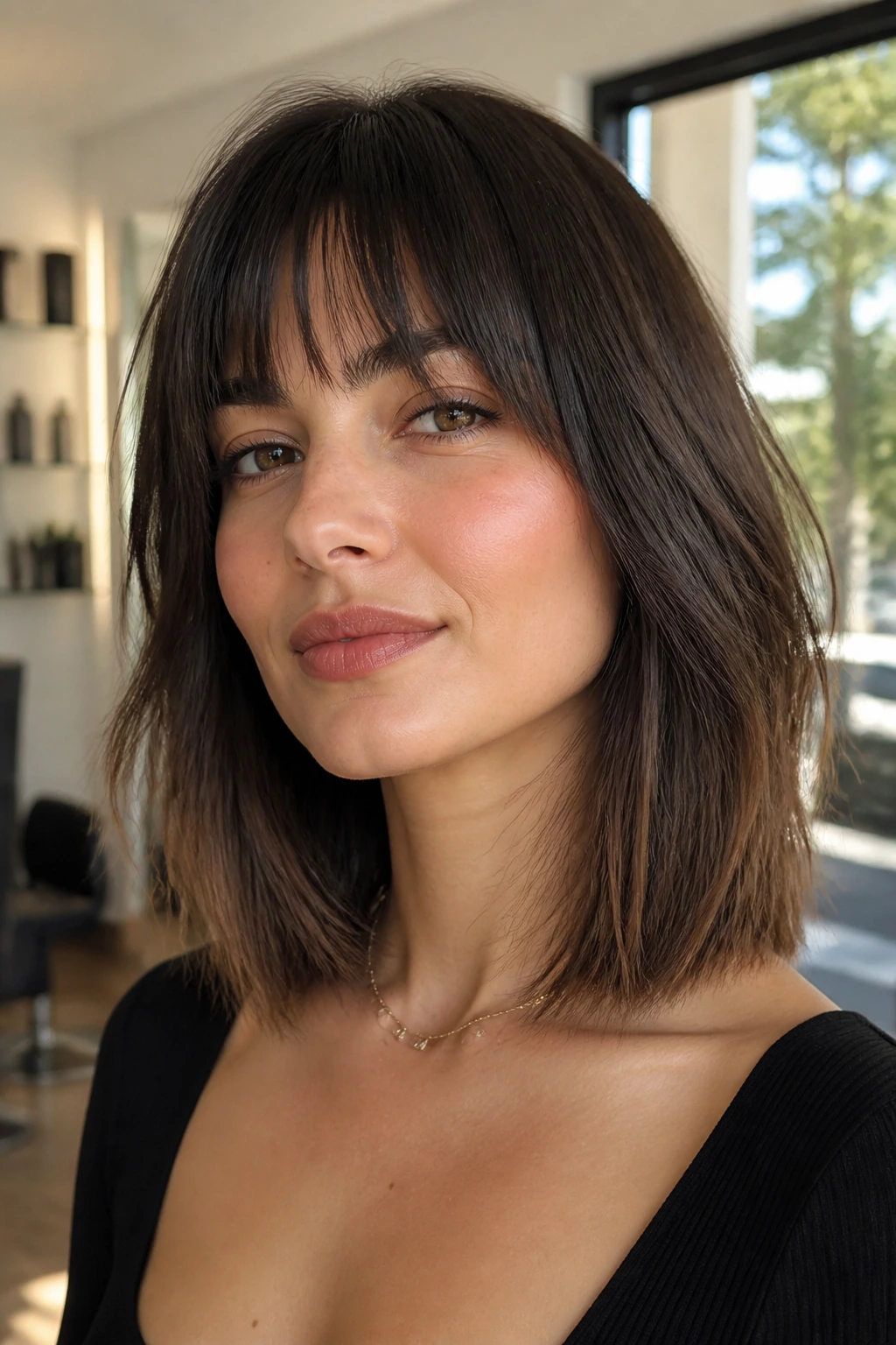 Close-up portrait of a real woman with a long bob and fringe on a square face, jawline softened.