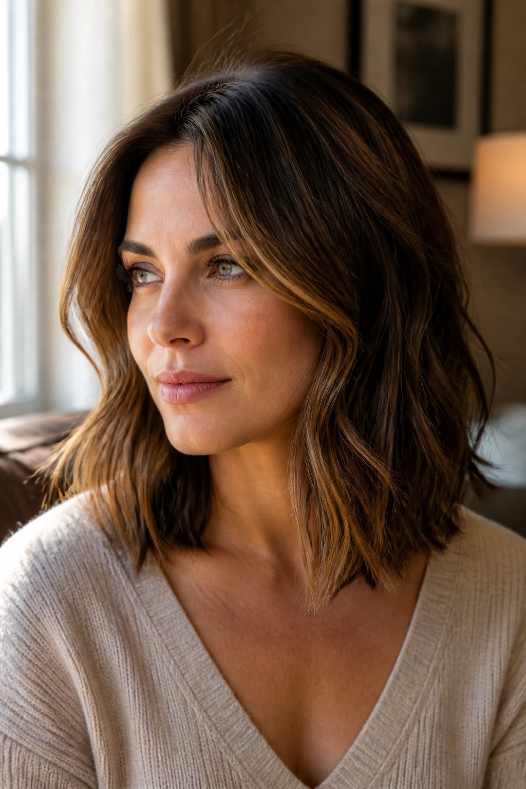 Close-up portrait of a real woman with a mid-length hairstyle that softens a square jawline.