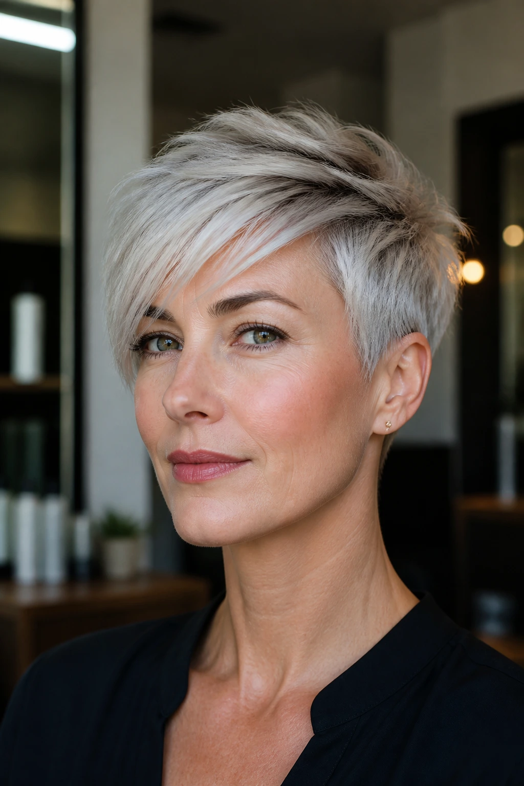 Portrait of a person with a platinum pixie showing diagonal fringe and lifted crown on a square face.
