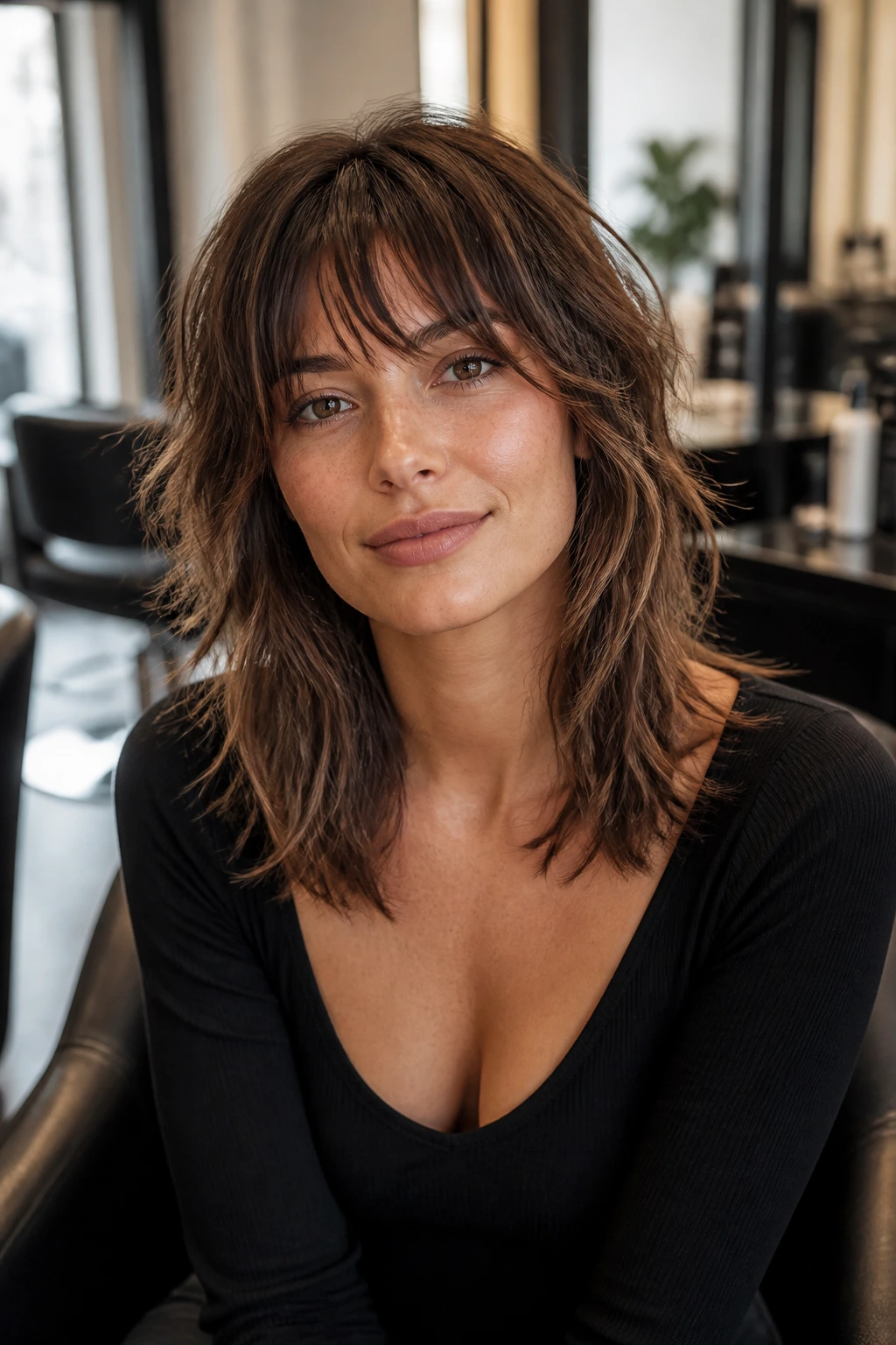 Close-up portrait of a woman with a square-face shag in a salon chair