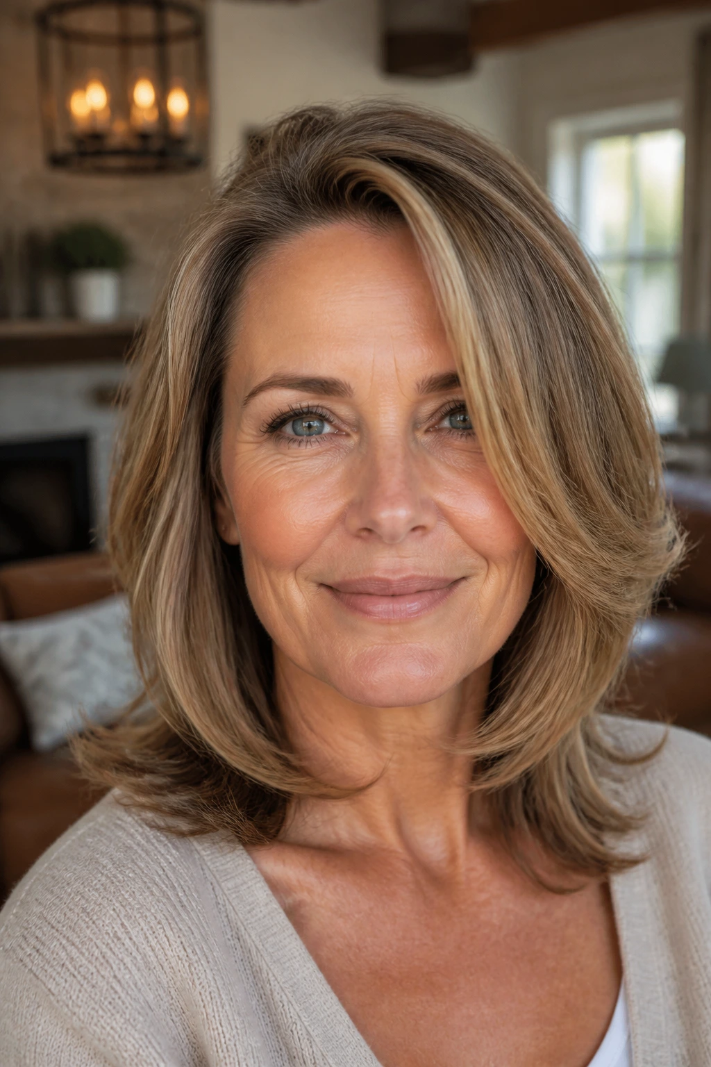Close-up portrait of a real woman with square-face soften layers arching around the jaw