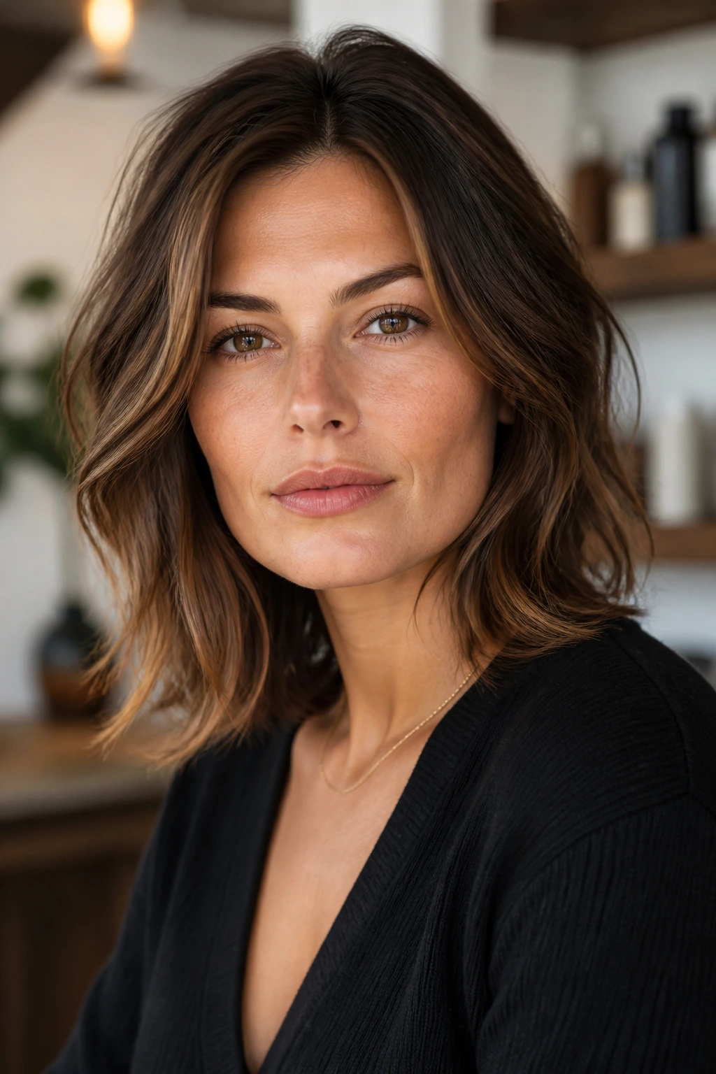 Close-up of square-faced person with softening hairstyle in warm interior light