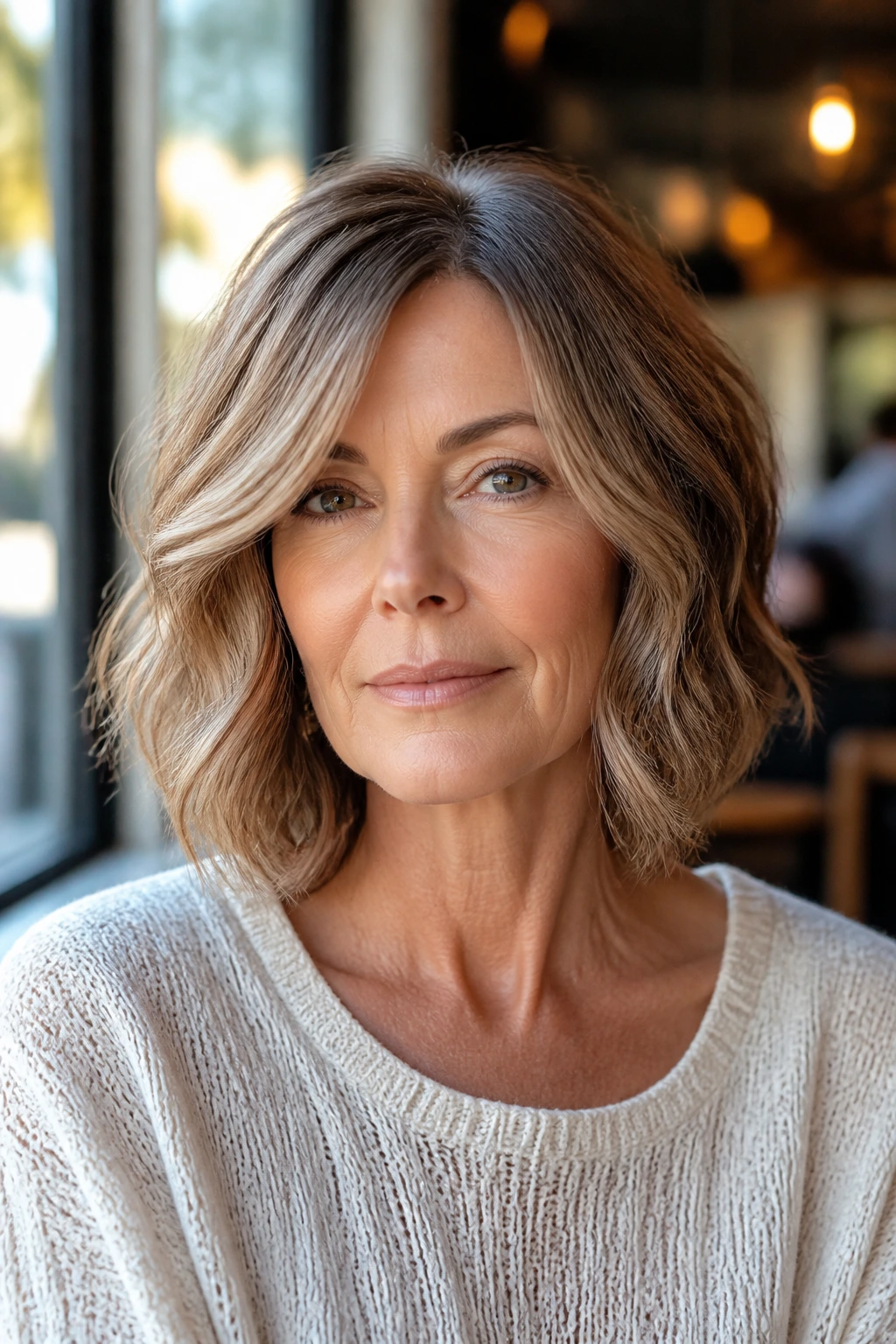Square-face softening wave bob with loose waves and soft ends on a real woman