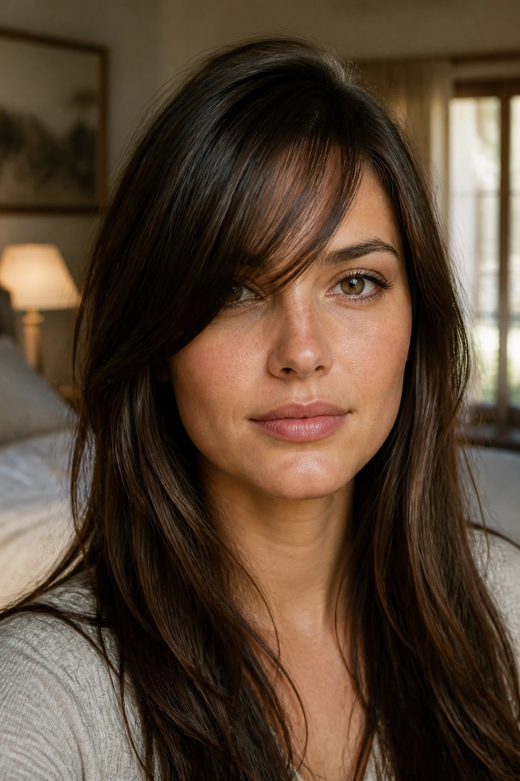 Close-up portrait of a woman with diagonal swoop bangs on a square face, warm natural lighting