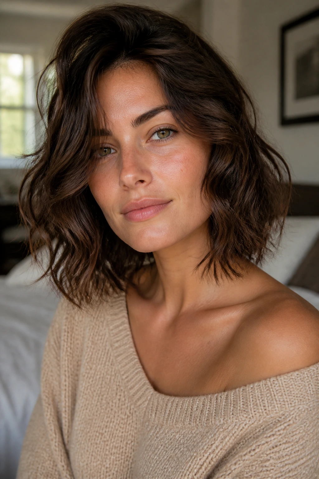 Close-up portrait of a real person with a square jaw and soft waves framing the face