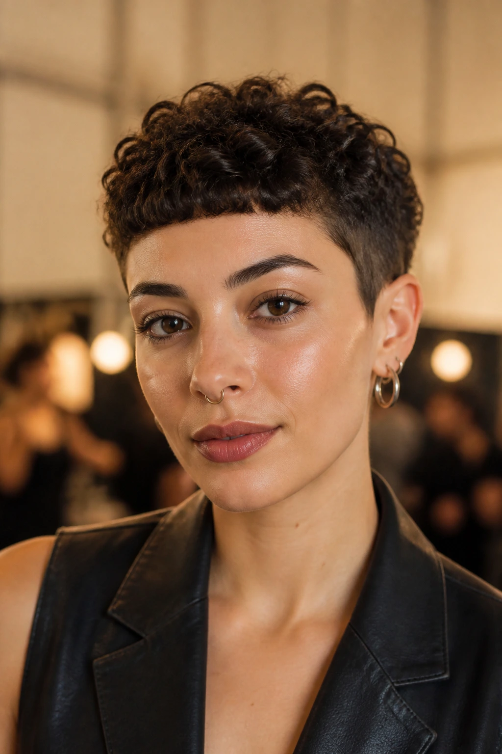 Portrait of person with short curly crop and square fringe.