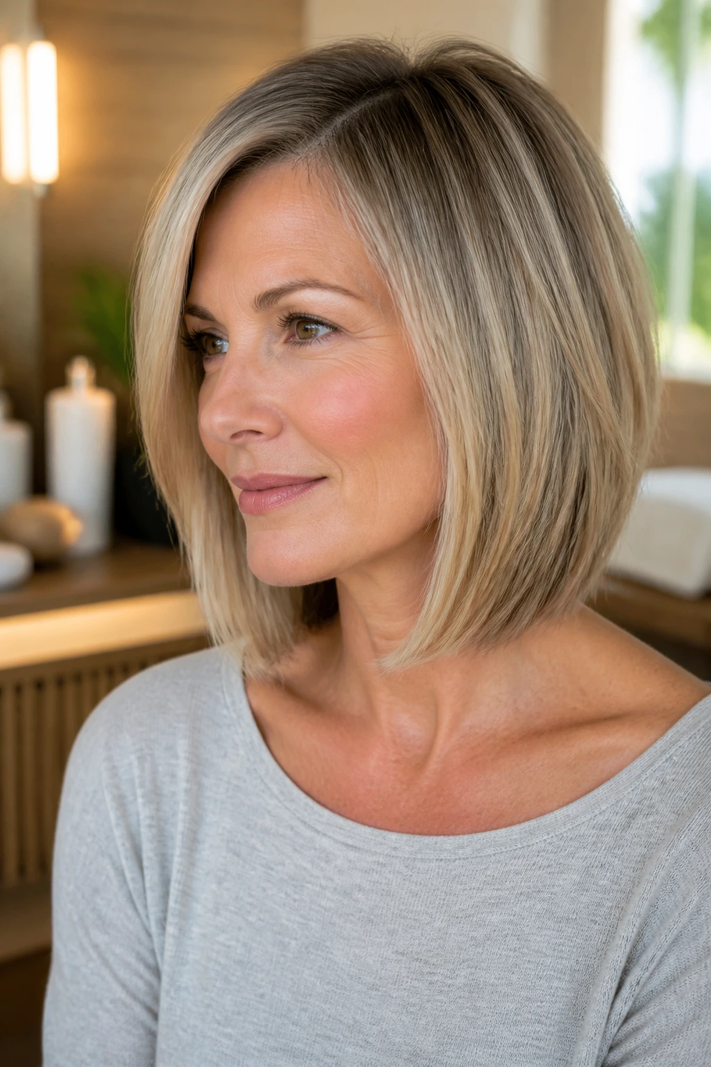 Close-up portrait of a real woman with square-jaw softening angled lob in spa-like light