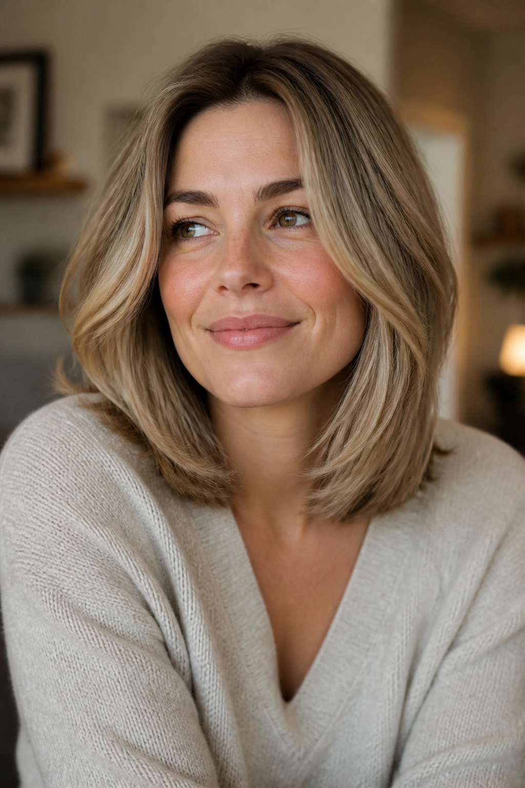 Portrait of a real woman with square-jaw softening lob and cloudy ends in warm light.
