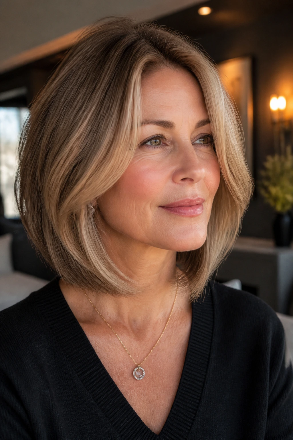 Close-up of a real woman with square-jaw lob and soft angles