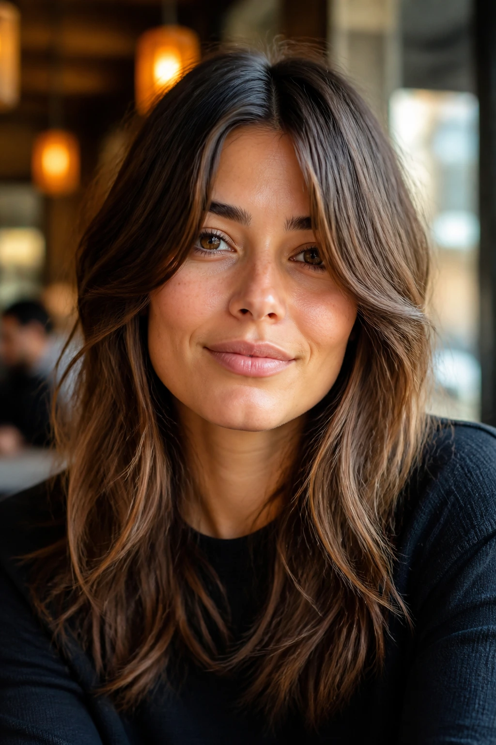 Close-up portrait of a real woman with square jaw and soft fringe shag in a cafe setting