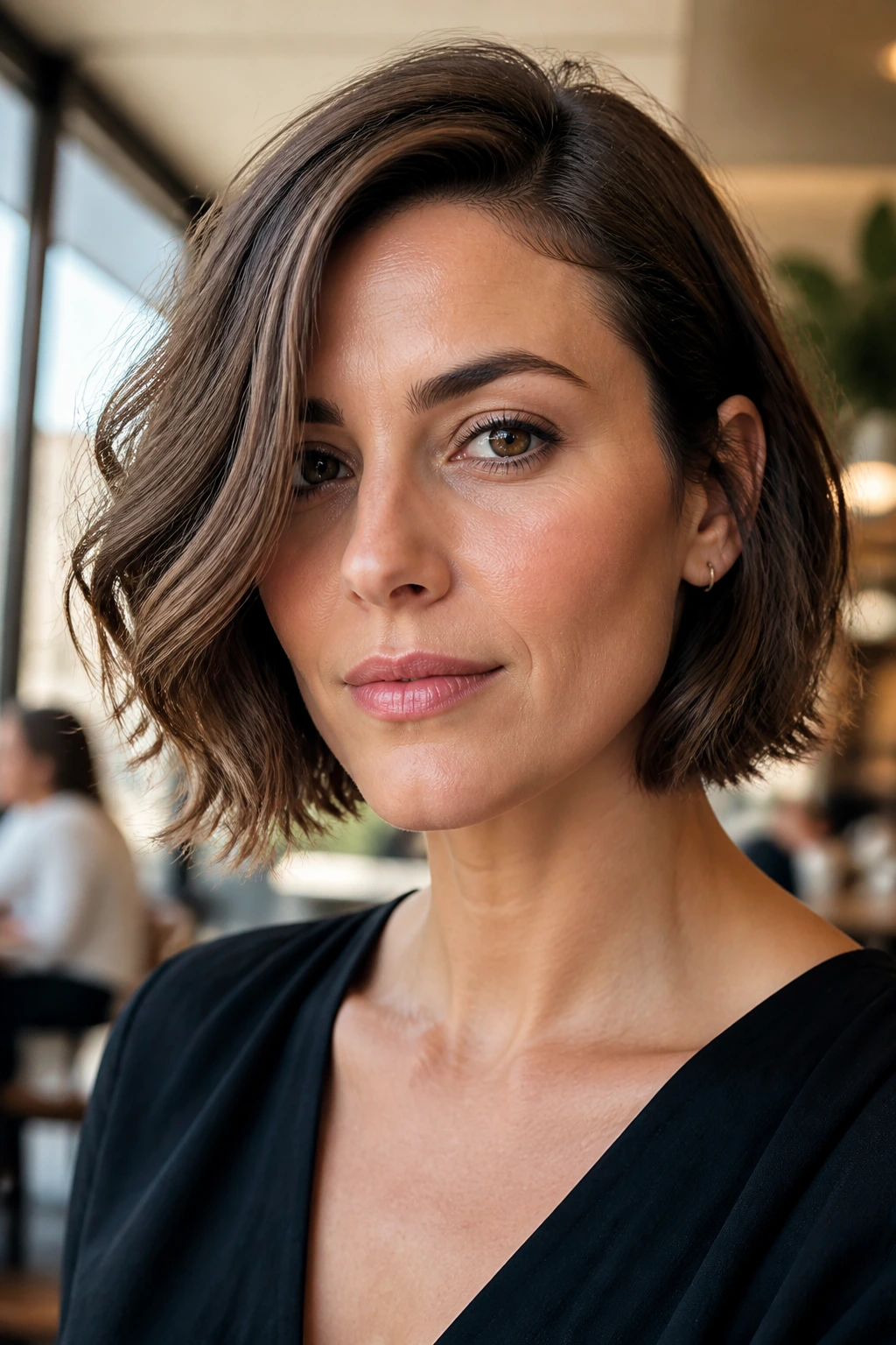 Close-up of a real woman displaying a square-jaw softening bob with diagonal waves