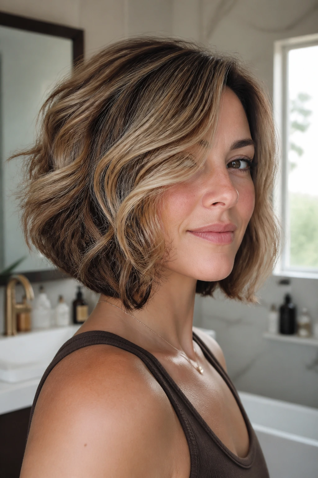 Close-up of a real person with a square layered lob and hidden brunette bands