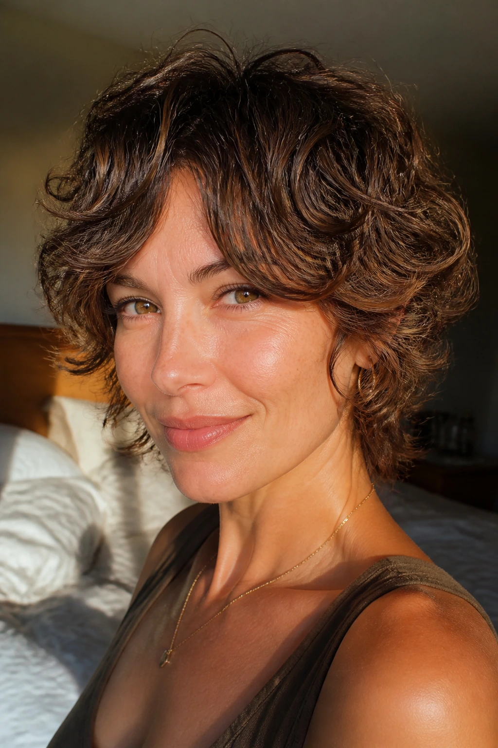 Close-up of a real woman with a square-shaped softened shag and curtain bangs
