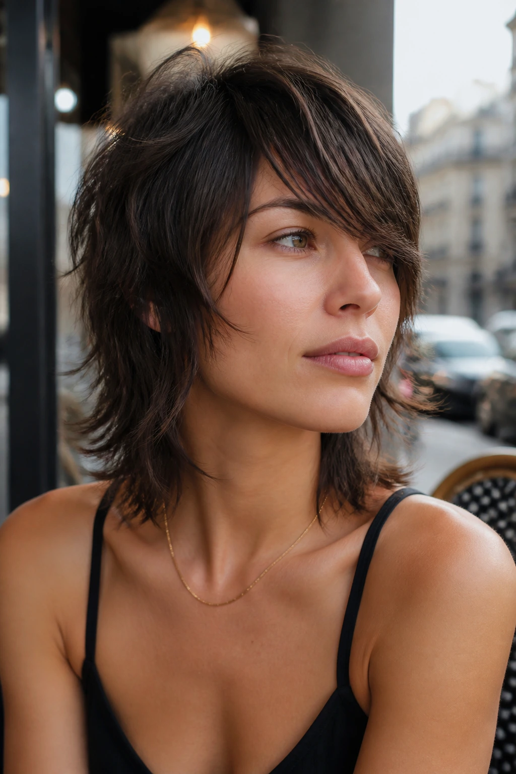 Close-up portrait of a real woman with square-softening shag and long side bangs