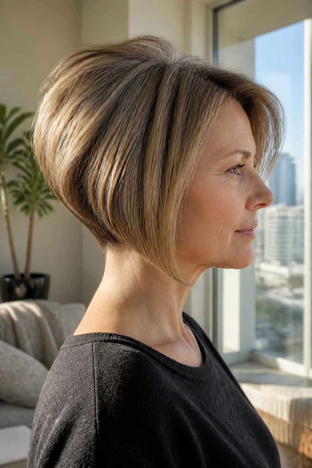 Side-profile of a woman with a stack-back bob and lifted crown