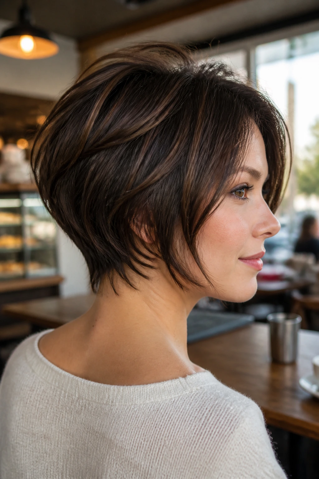 Real person with stacked bob and wispy nape, comfortable cafe setting