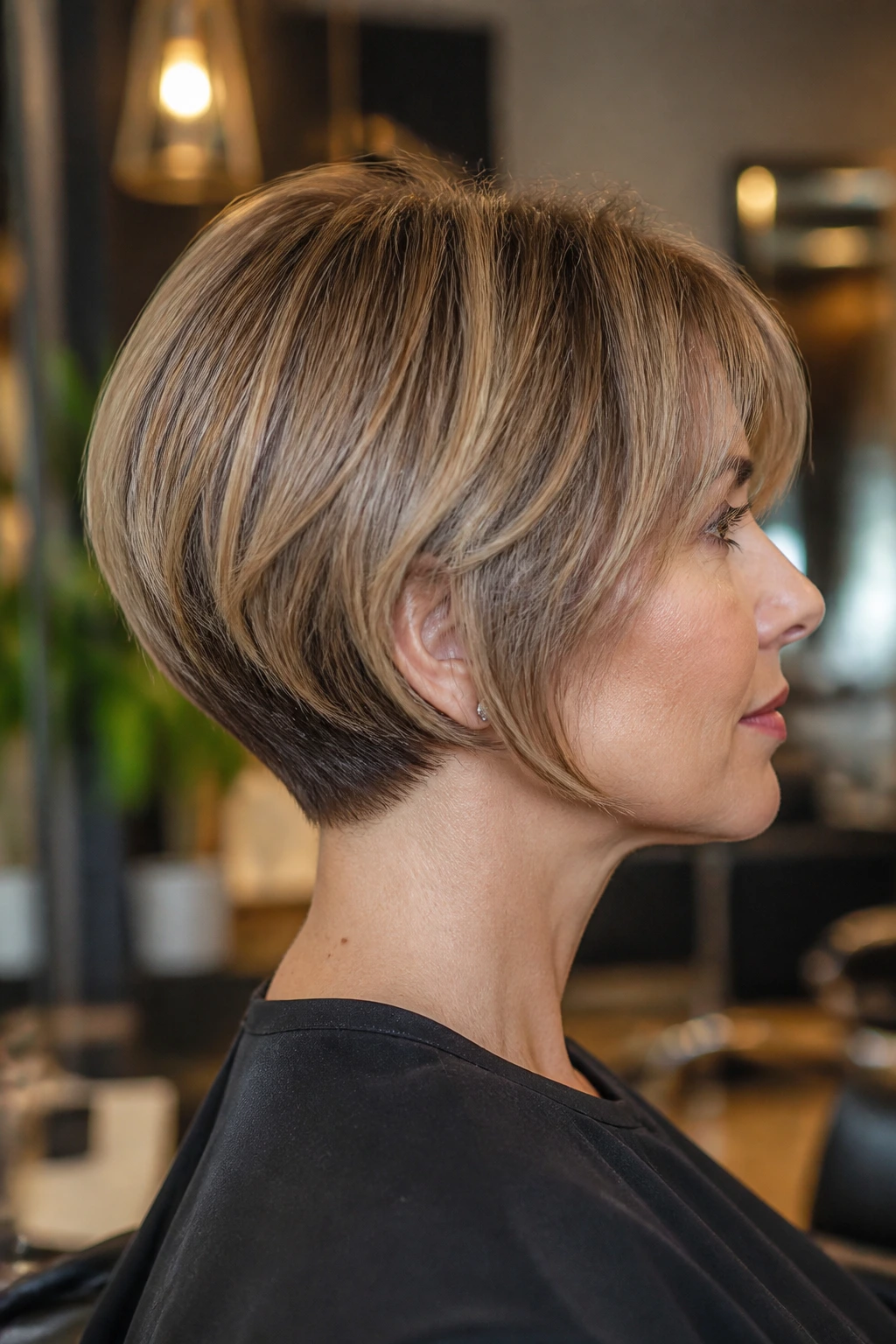 Side profile of a real person with a stacked bob illustrating stack height for density