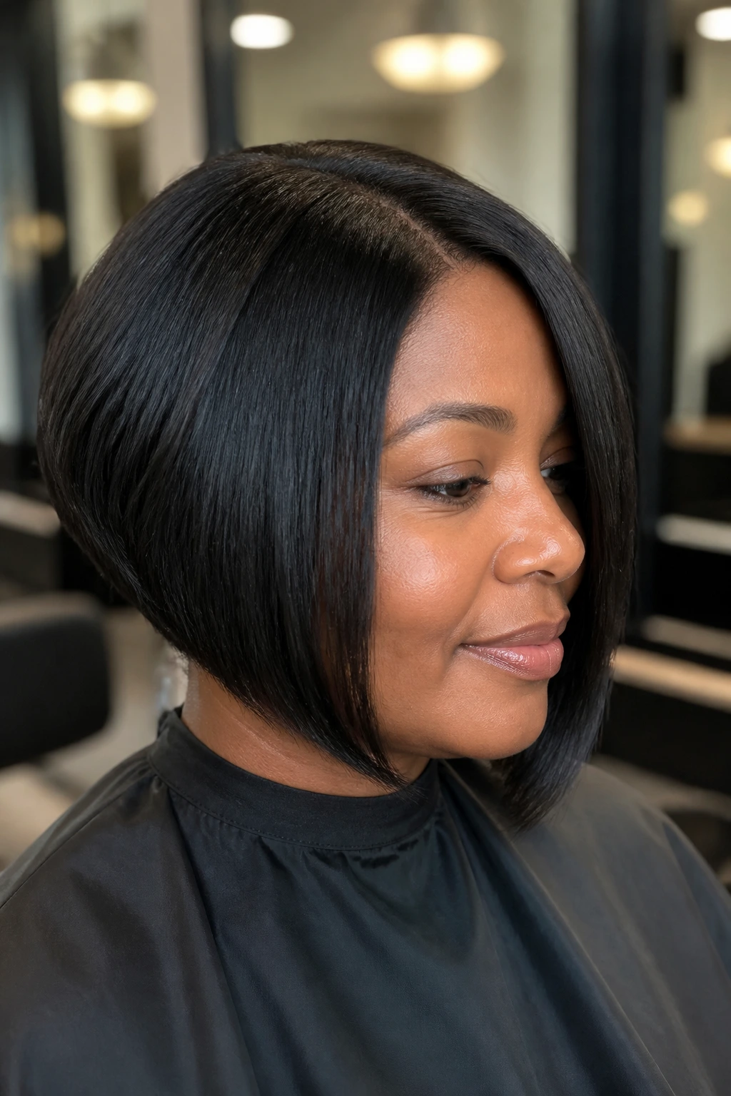 Close-up portrait of a real Black woman with stacked nape and chin-length front in an A-line bob
