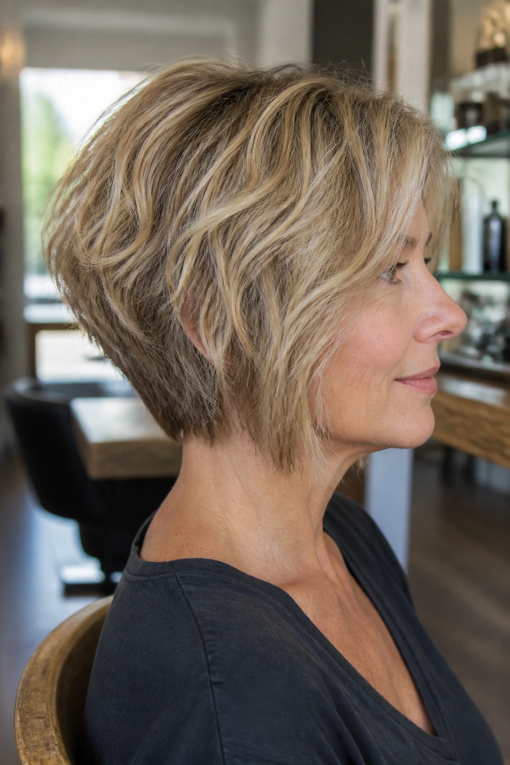 Close-up profile of a woman with stacked back and angled front for fine waves
