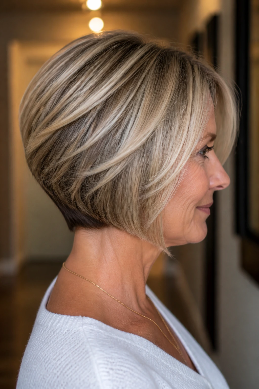 Profile portrait of a real woman with stacked back bob and cream babylights