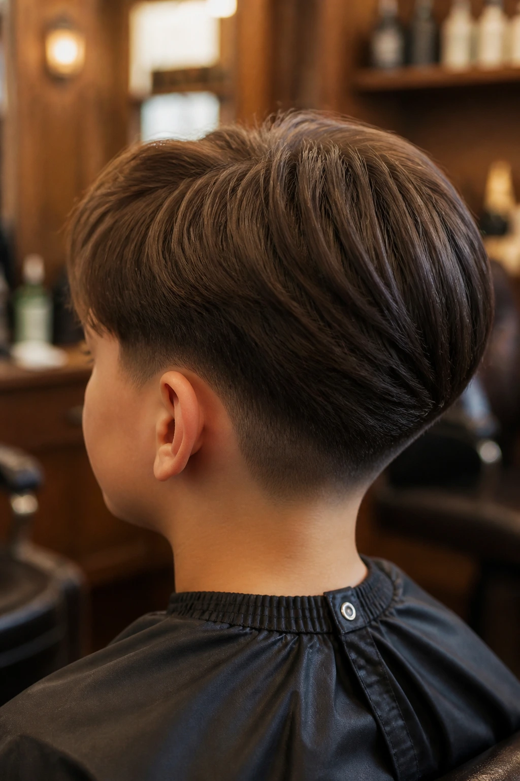 Medium close-up of a real boy showing stacked back bob and undercut, thick hair with lifted nape.