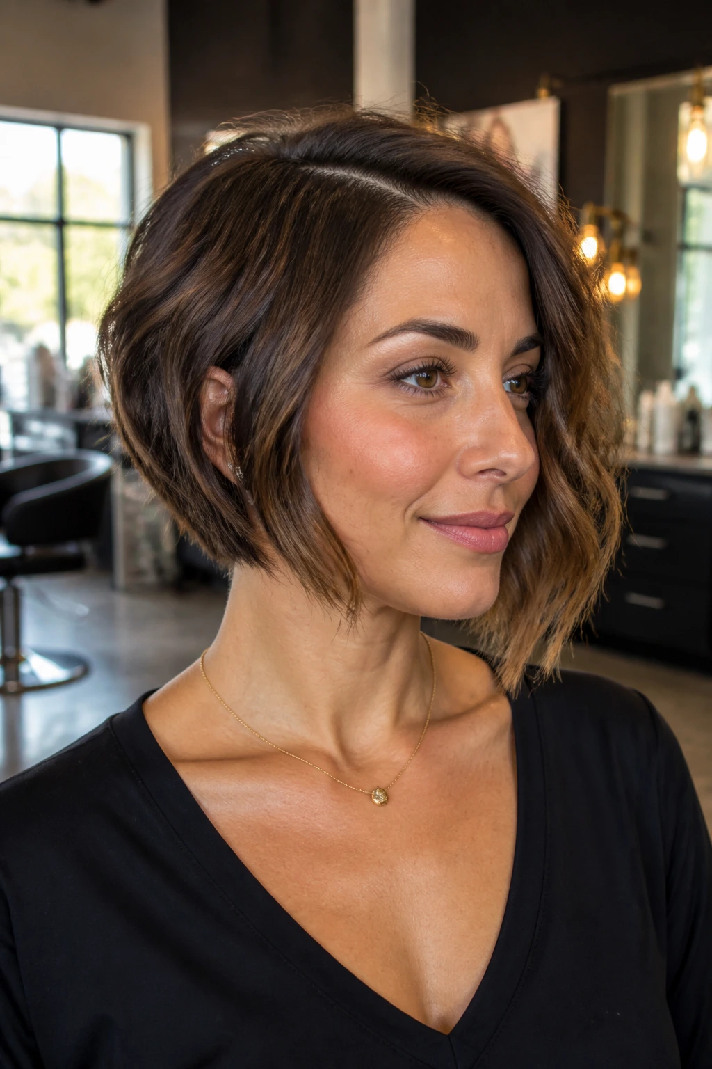 Close-up portrait of a real woman with stacked-back bob and soft waves in warm window light