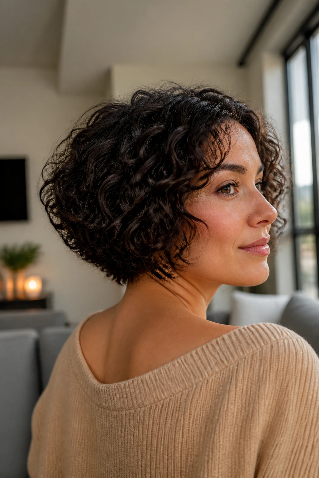 Portrait of a real woman with stacked-back curly bob and soft nape.