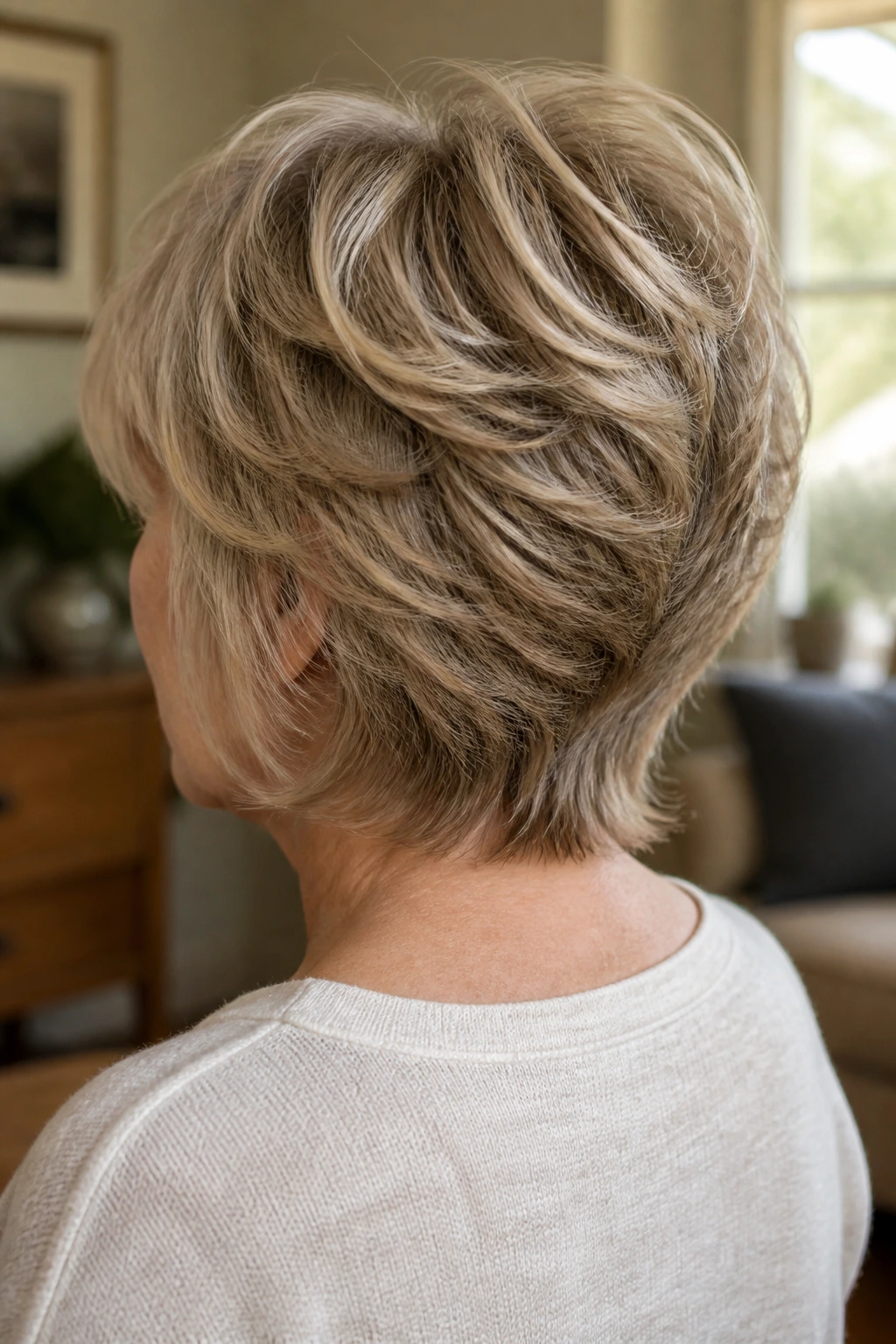 Three-quarter back view of a real woman with stacked-back shag at occipital bone