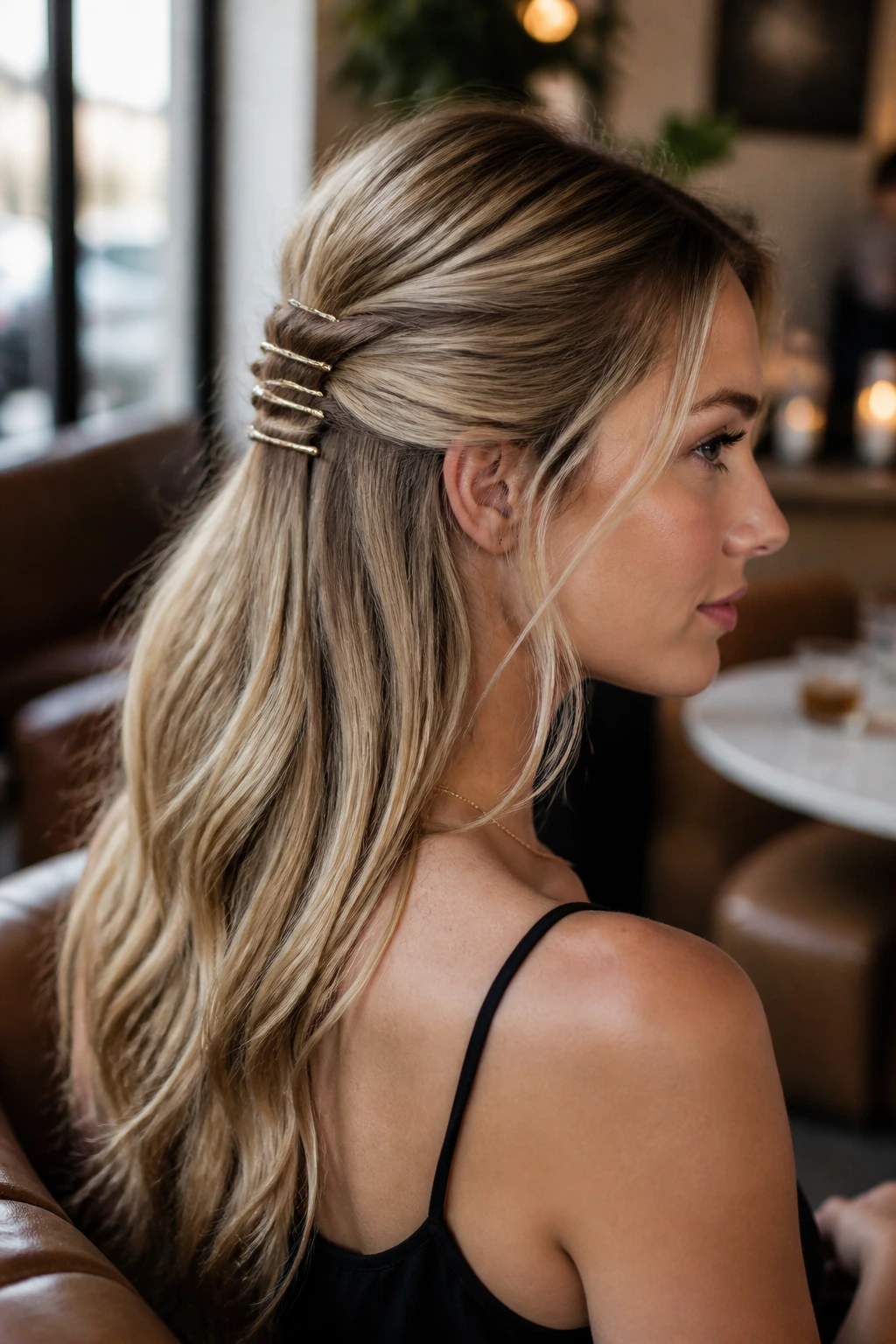 Real woman with stacked slim barrettes securing a half-up hairstyle in natural light