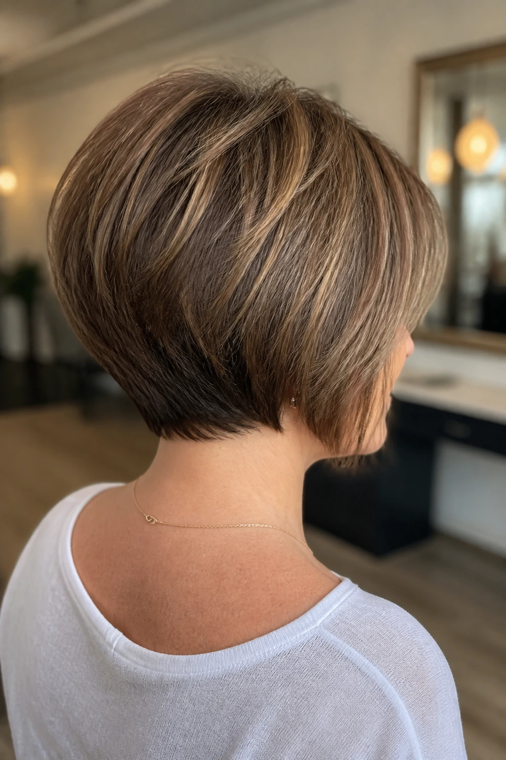 Back view of a stacked bob with airy back on a real person