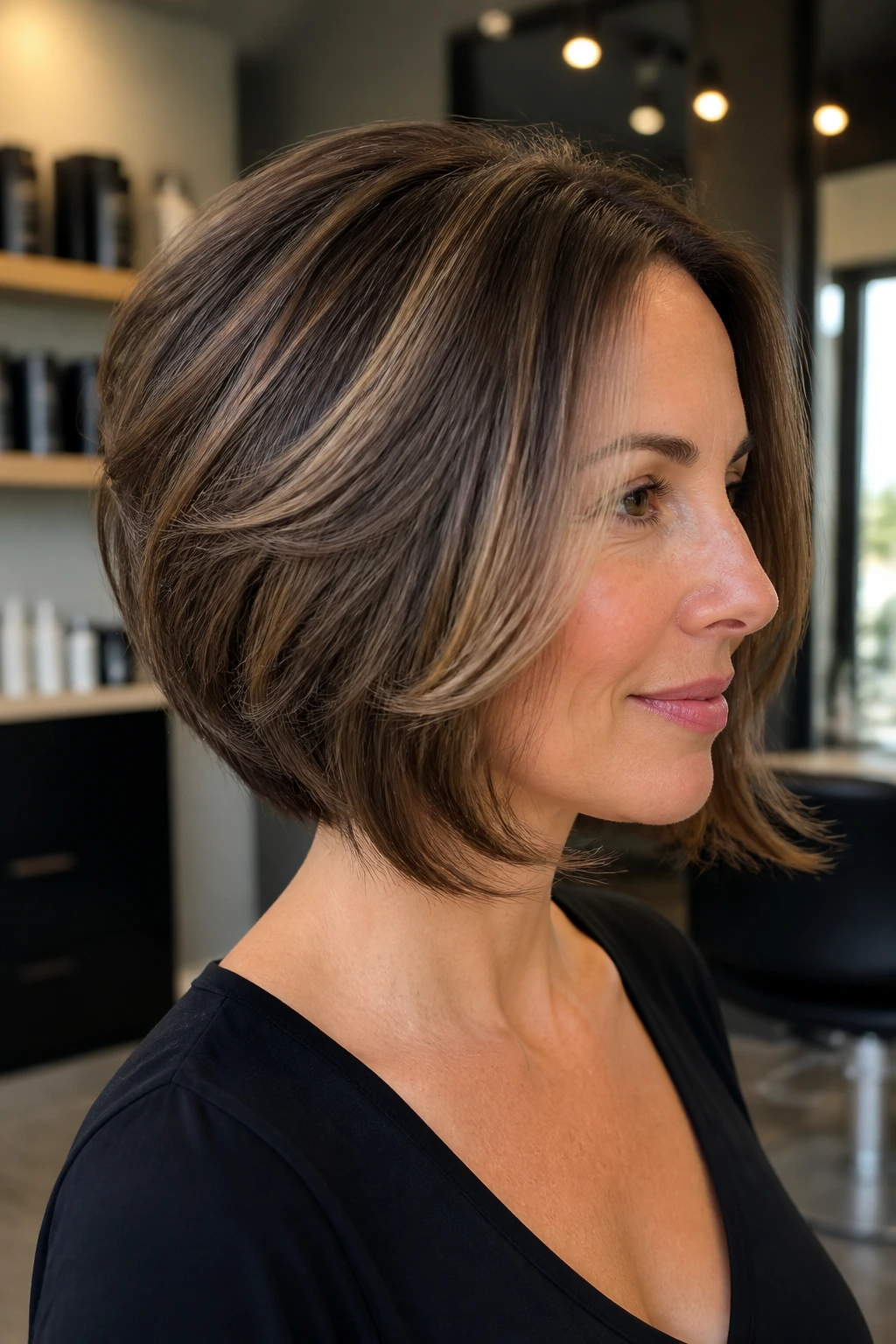 Real woman with stacked bob and airy back in a salon