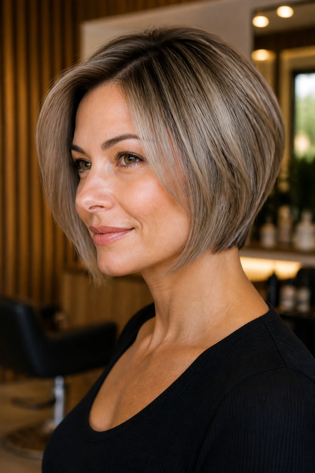 Profile of stacked bob with shadow root and ash gloss on a real person.