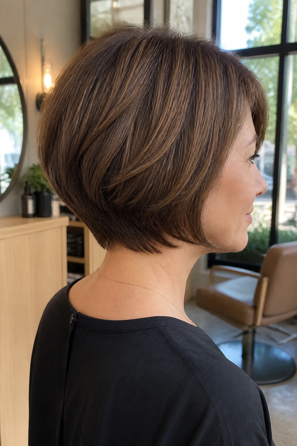 Close-up portrait of a real woman with a stacked bob showing a soft back curve at the nape.