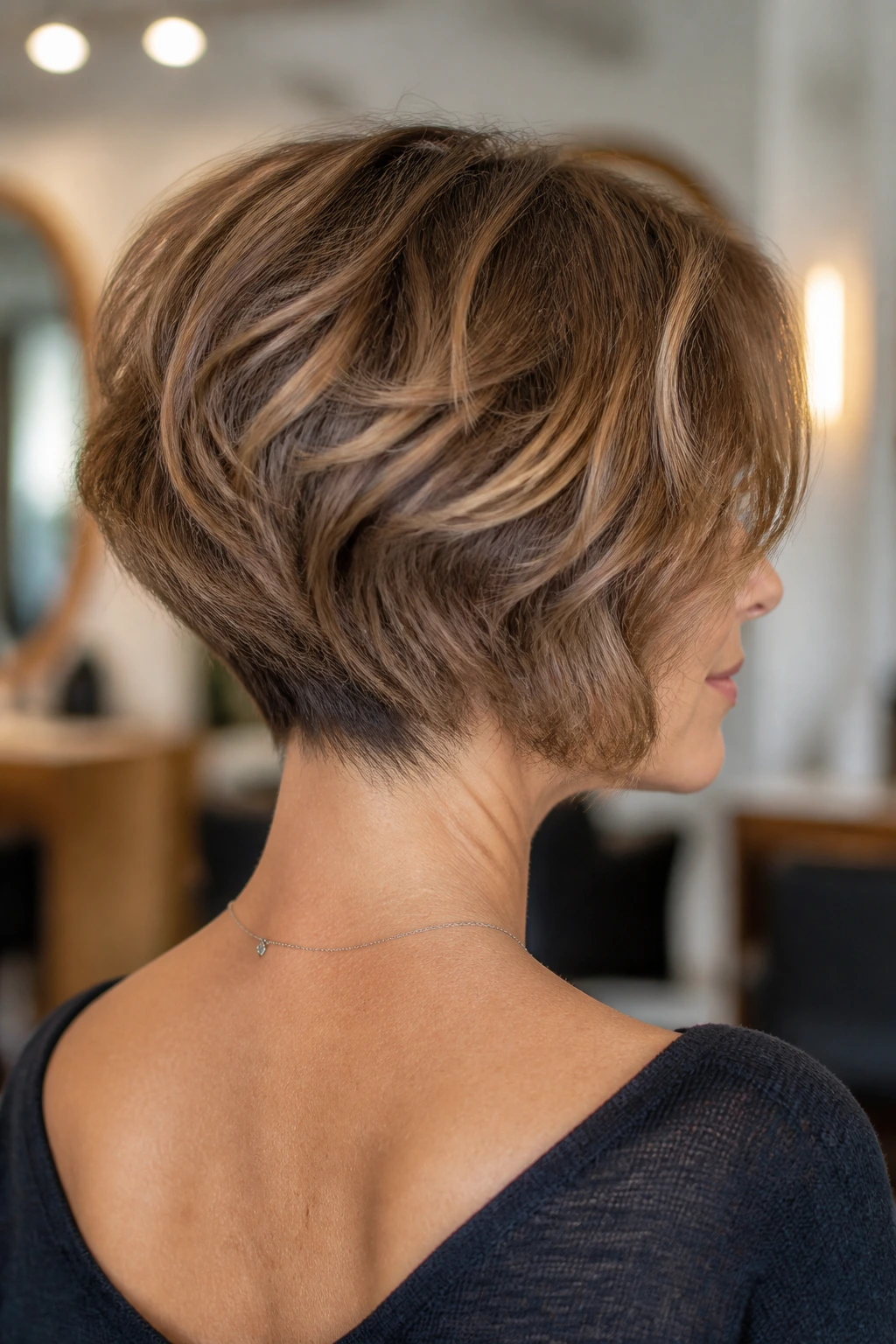 Close-up portrait of a real woman with a stacked bob and gentle back curve in a salon setting.