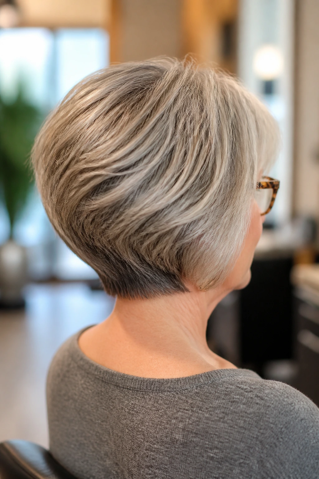 Three-quarter back view of a woman with a stacked bob showing lifted back and layered crown.