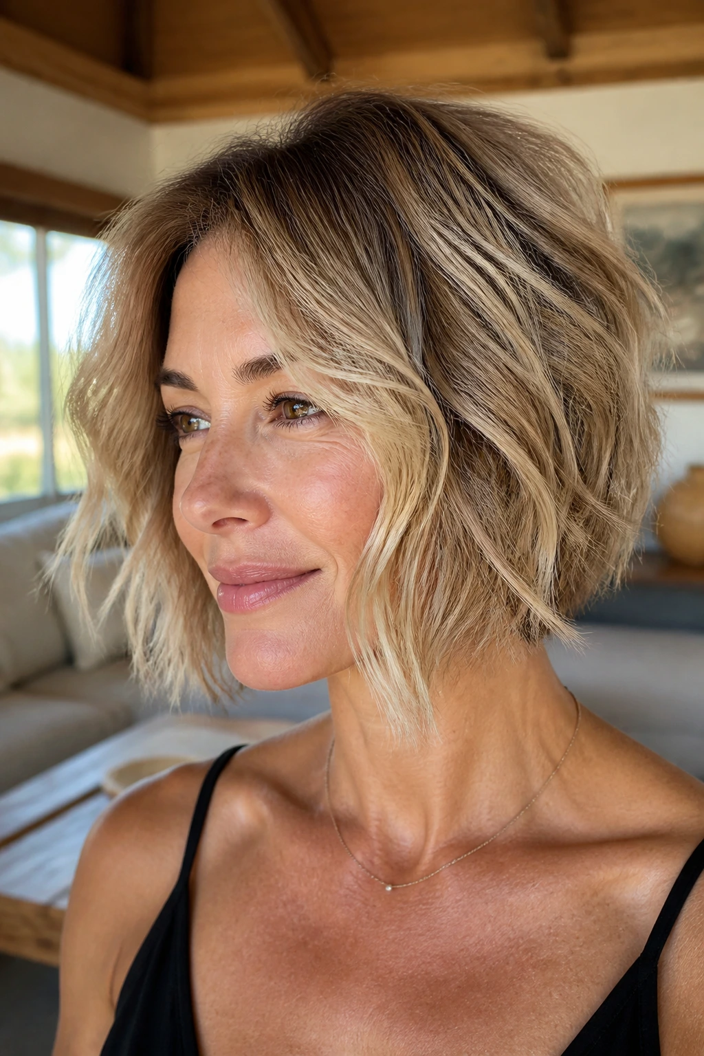 Real woman with stacked layered bob and beachy waves in warm window light