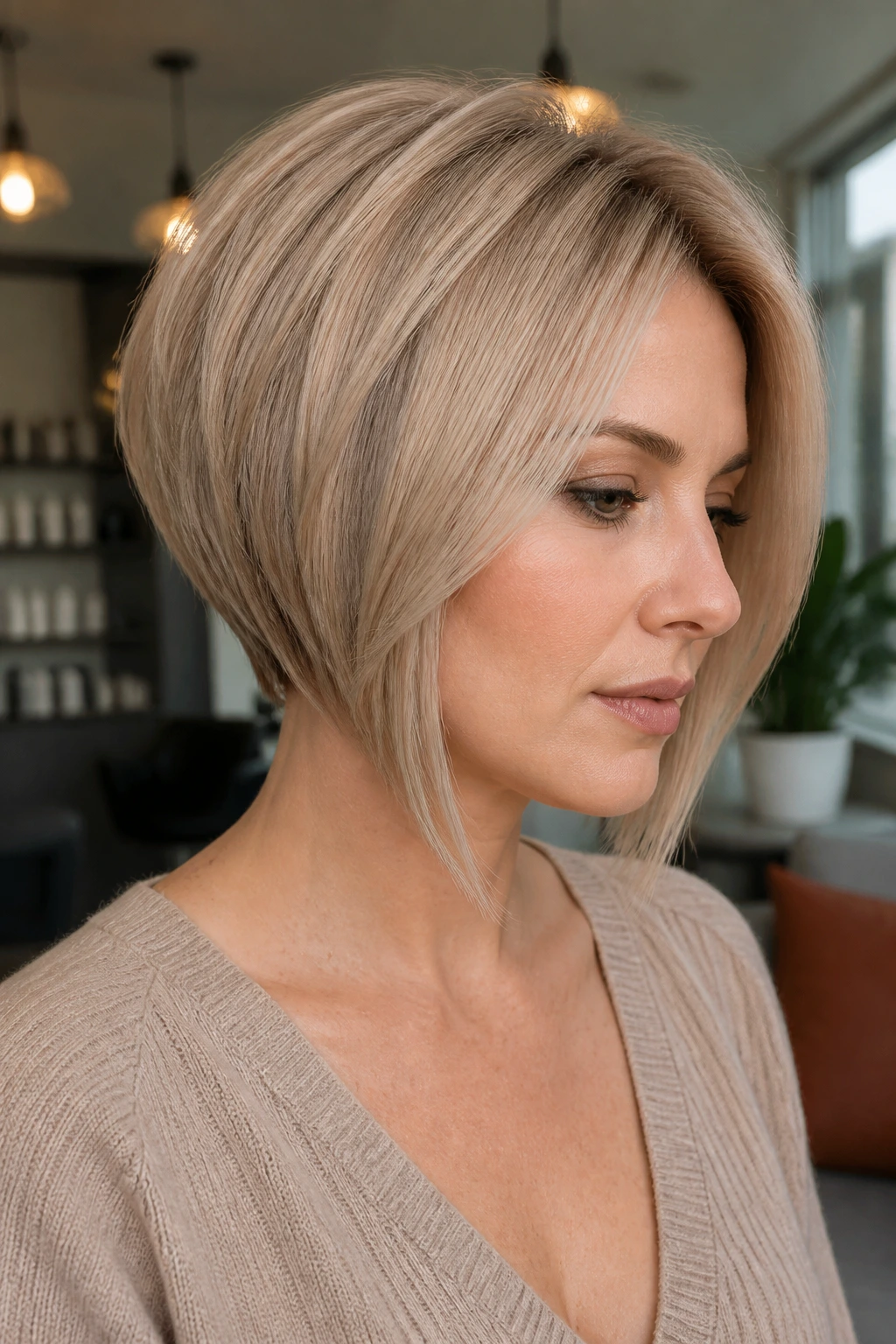 Portrait of a woman with a stacked bob and beige blonde shine