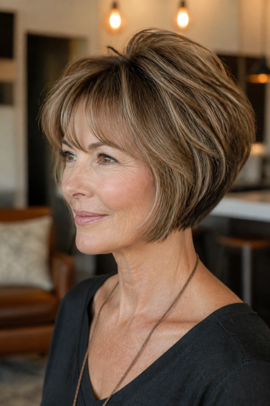 Portrait of a woman with a stacked bob and bend-and-movement bangs