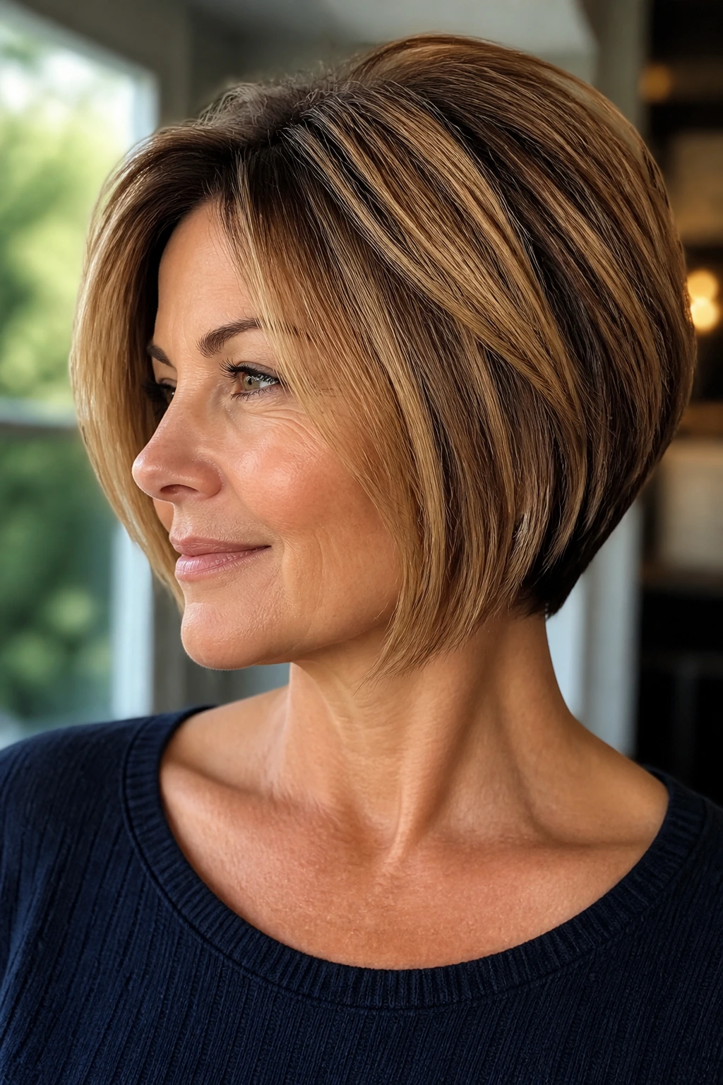 Close-up of a real woman with a stacked bob and caramel crown in soft daylight