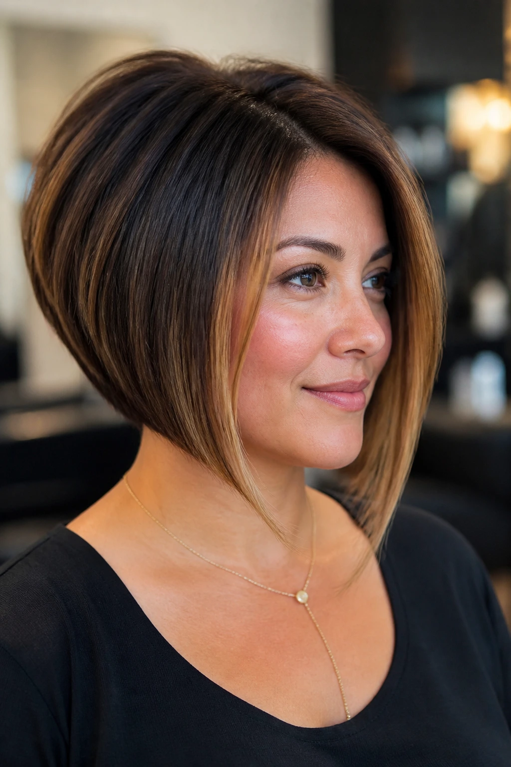 Close-up of a real woman with stacked bob and caramel front panels