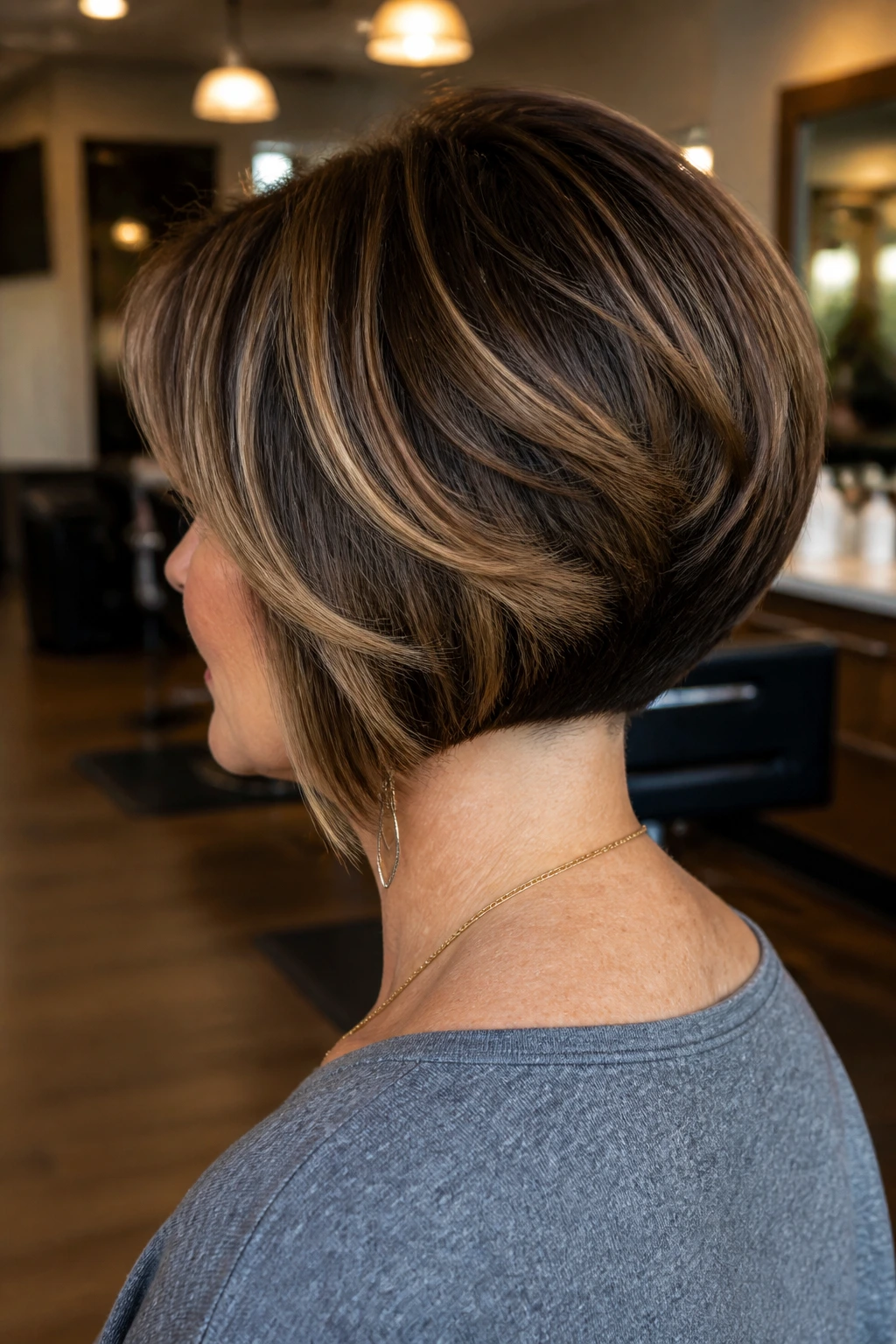 Back and side view of stacked bob with caramel underlights.