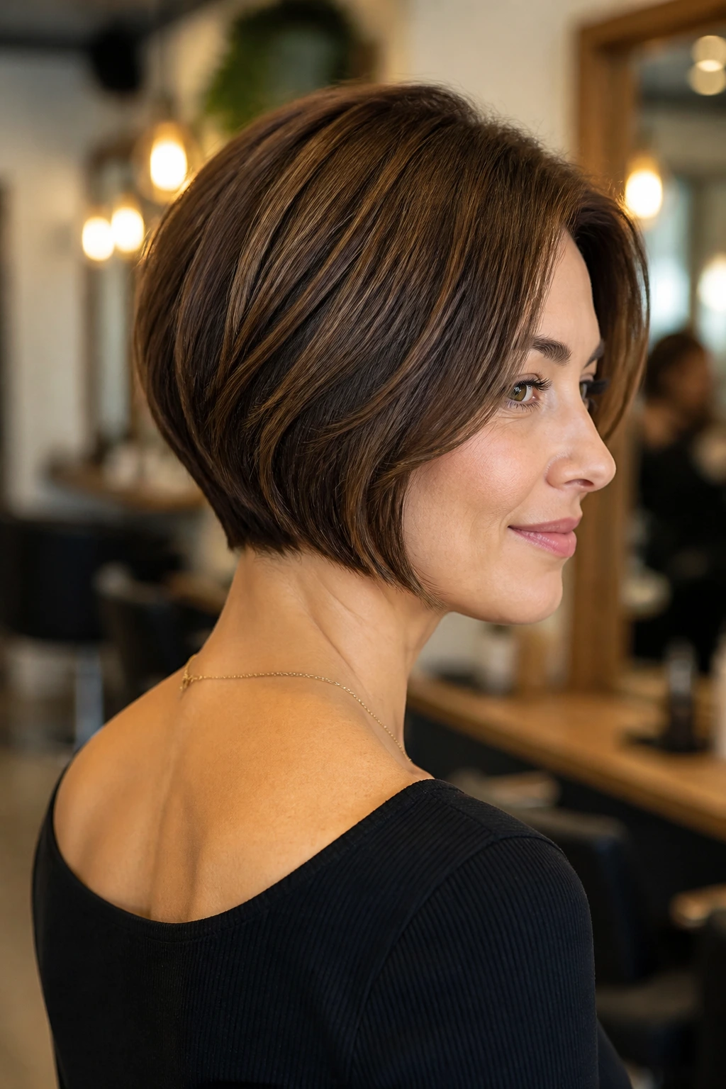Close-up portrait of a real woman with a stacked bob and clean neckline, crown lift visible