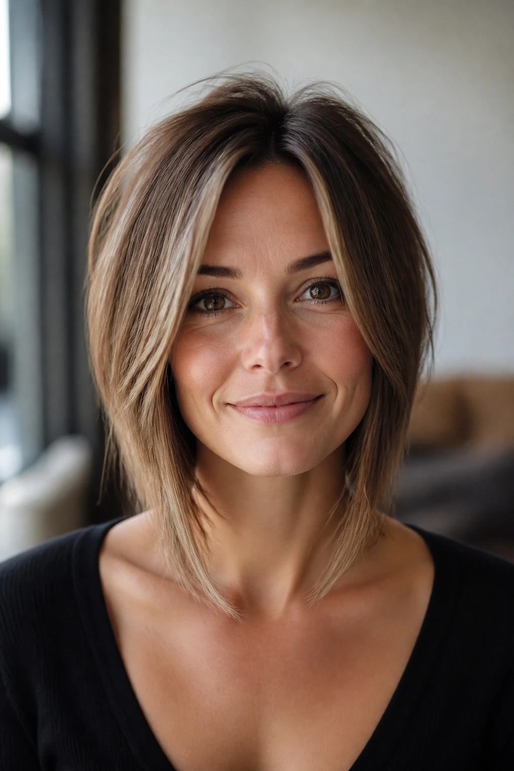 Portrait of a real woman with a grow-out friendly stacked bob with collarbone-front length and face-framing layers.