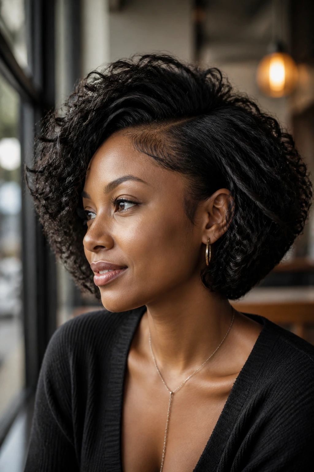 Real woman with deep side-part stacked bob and lifted crown