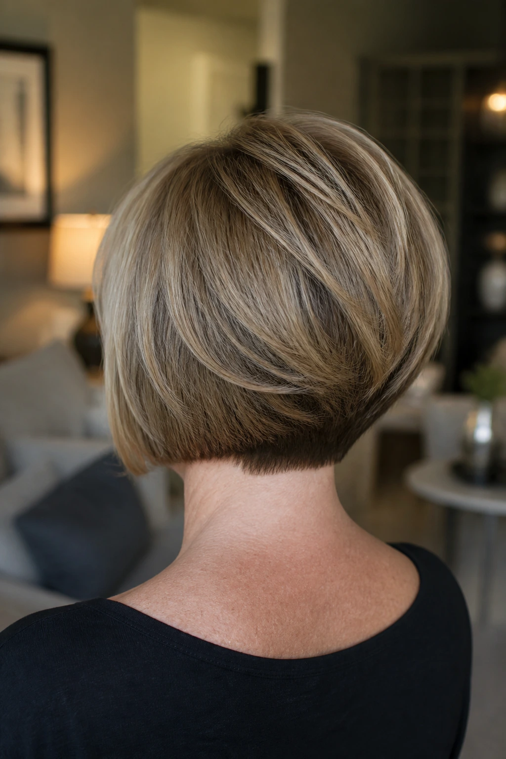 Back view of a real woman with a softly stacked bob and lifted crown.
