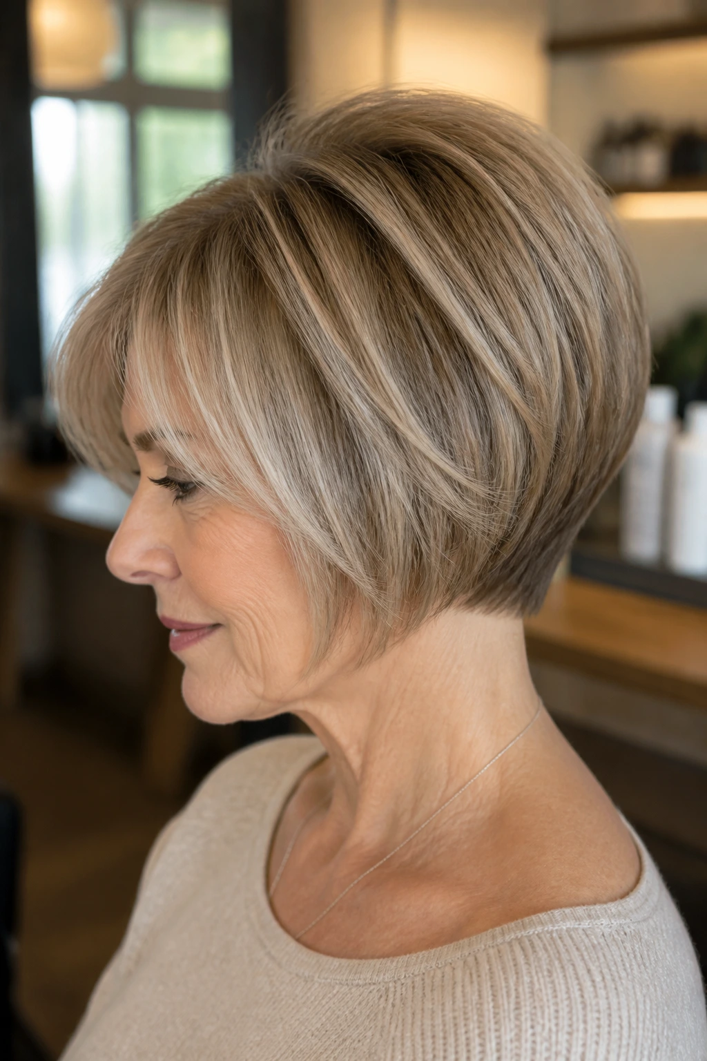 Real woman with stacked bob crown lift close-up, hair fills the frame