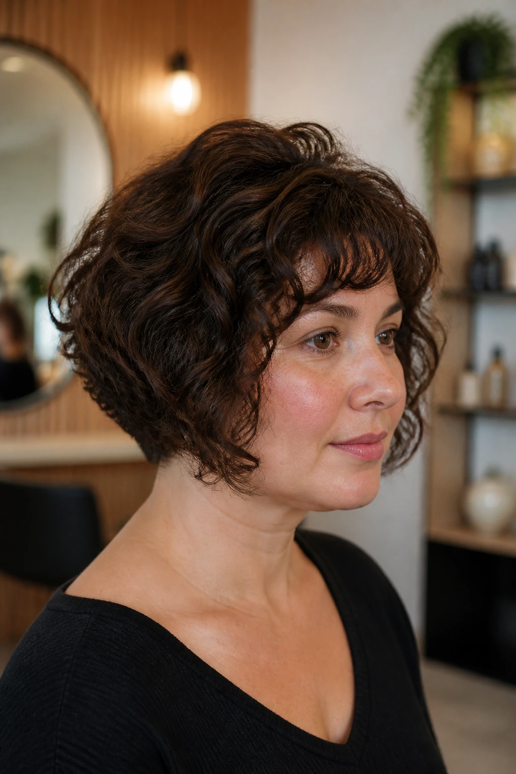 Portrait of a real woman with a stacked bob and subtle crown lift