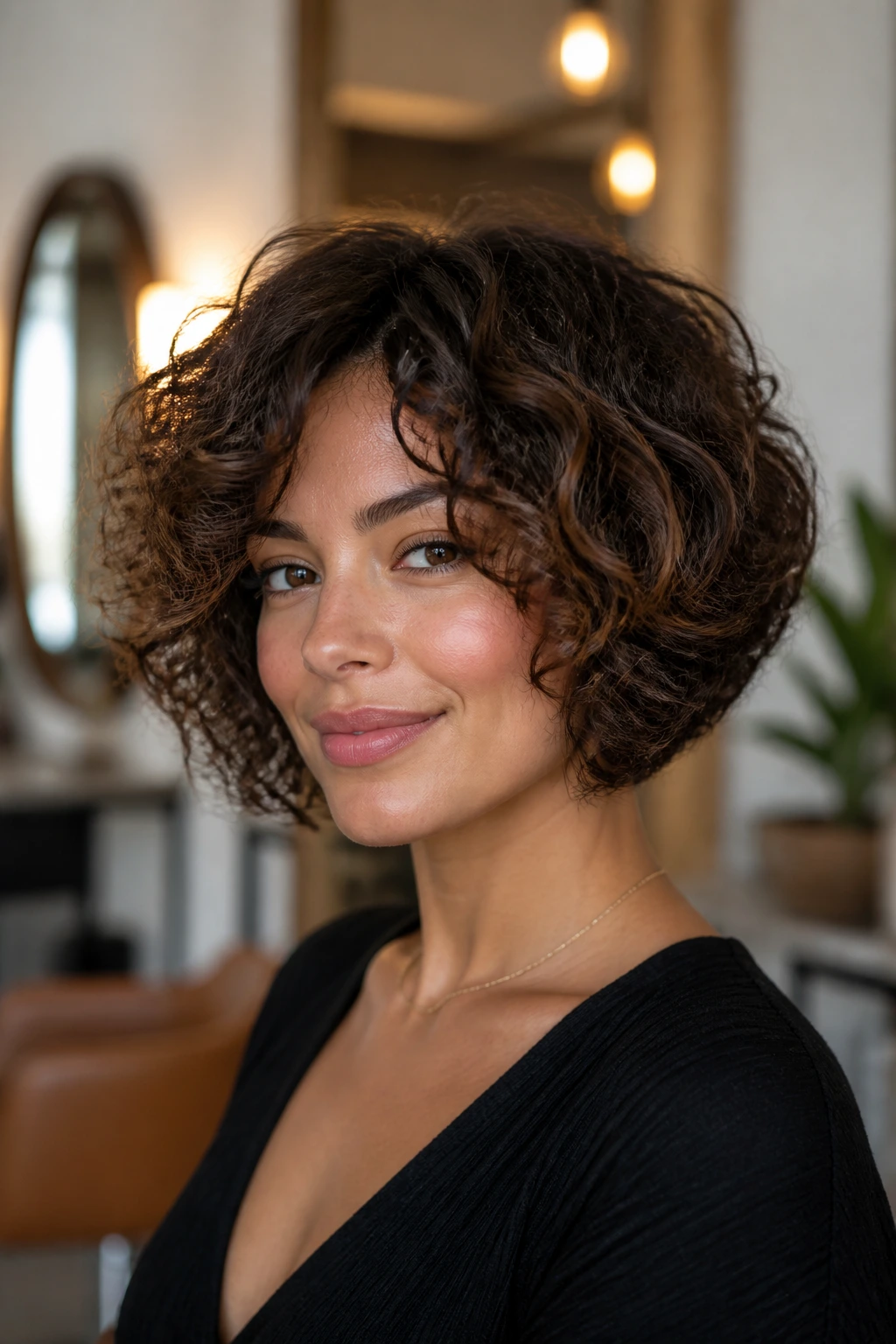 Close-up portrait of a real woman with stacked bob and soft crown lift.