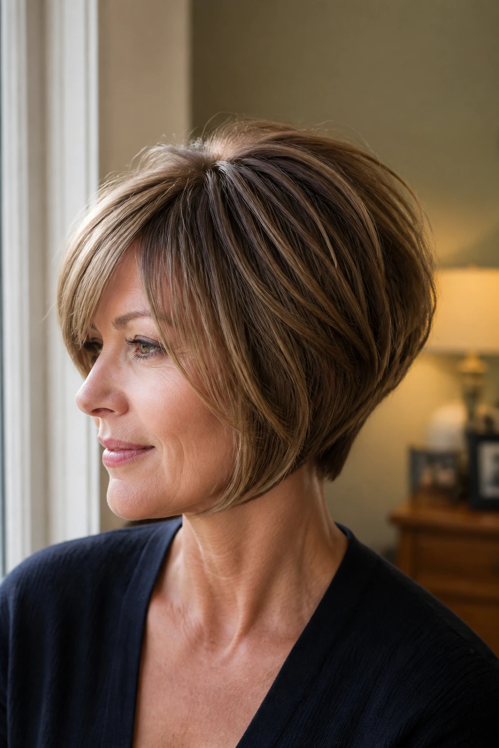 Portrait of a real woman with a stacked bob showing crown lift and curved silhouette.