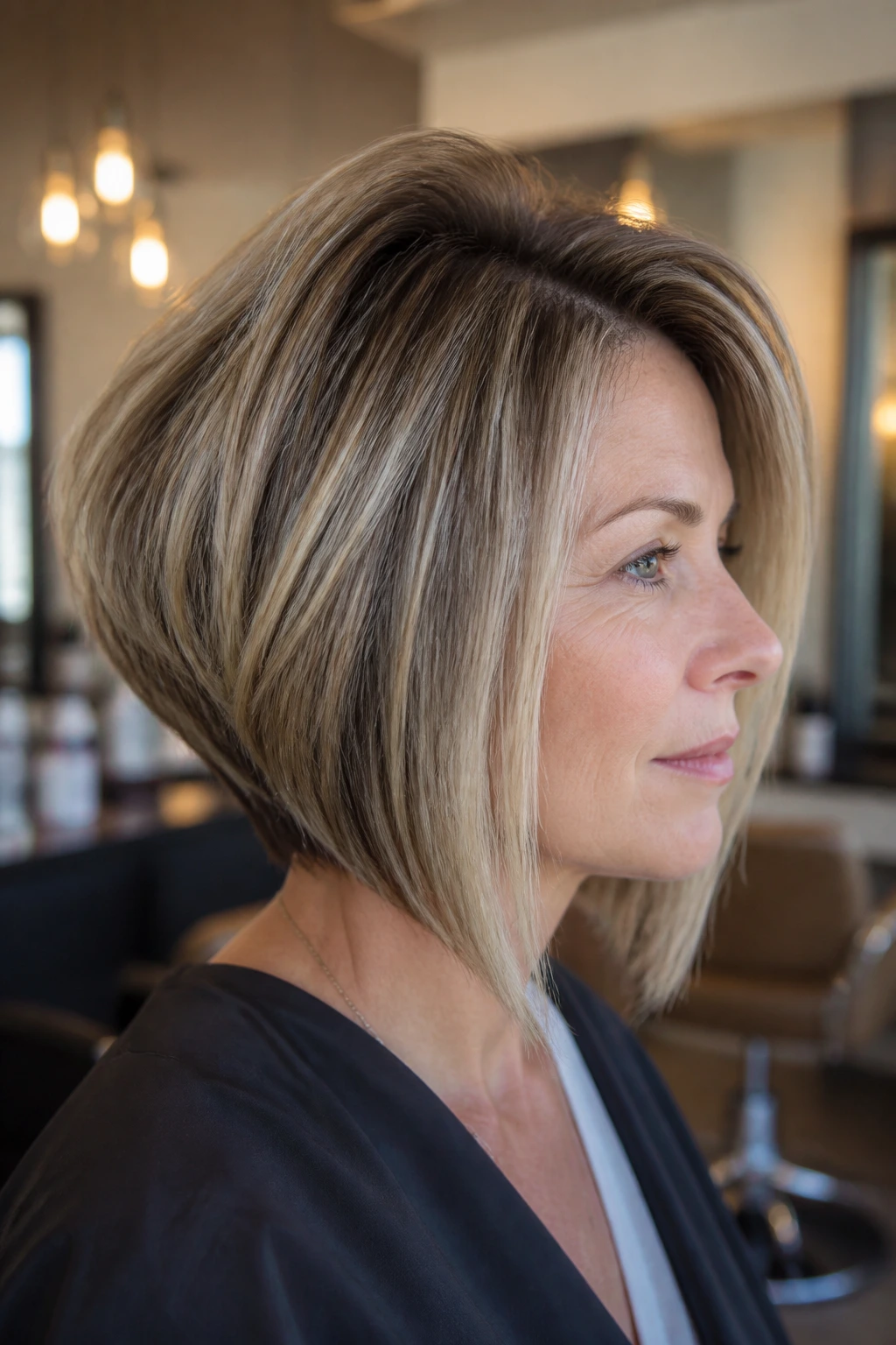 Close-up portrait of a real woman with stacked bob and crown lift